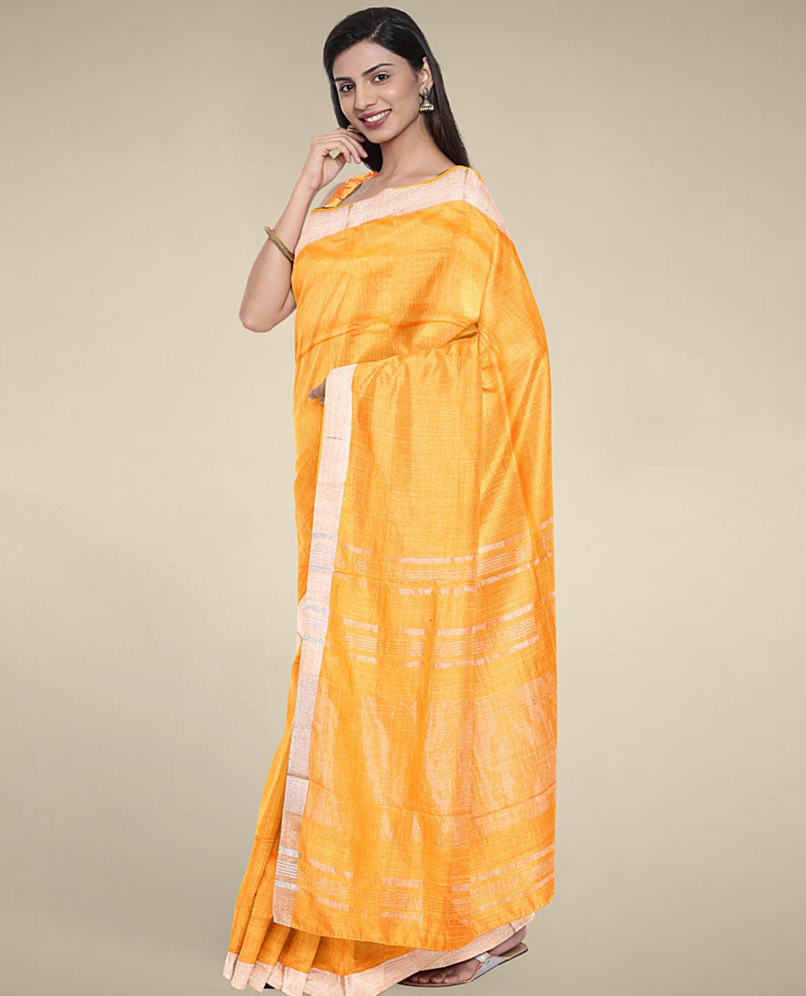 Orange plain design cotton saree with plain border & pallu of stripes, floral printed blouse