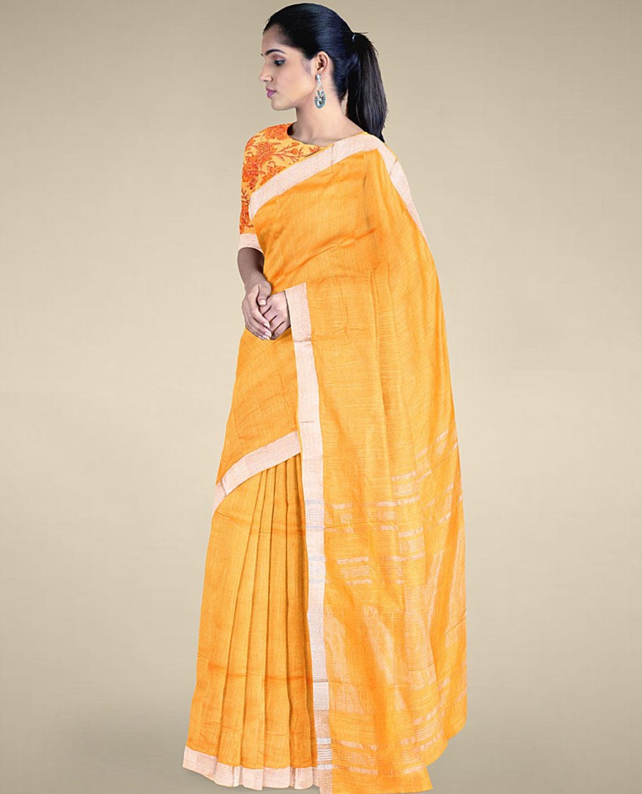Orange plain design cotton saree with plain border & pallu of stripes, floral printed blouse