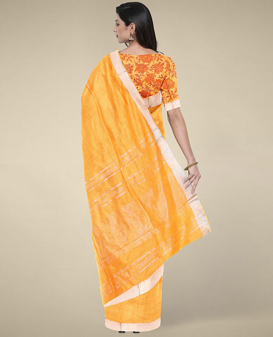 Orange plain design cotton saree with plain border & pallu of stripes, floral printed blouse
