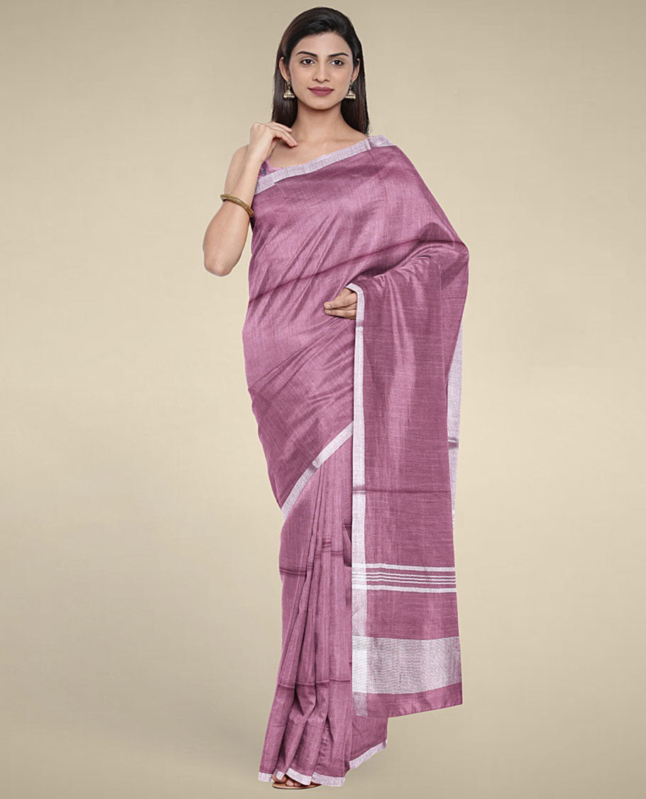 Purple plain design cotton saree with plain border & pallu of stripes, intricately printed blouse