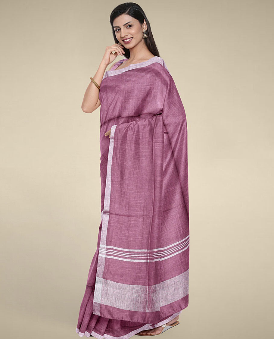 Purple plain design cotton saree with plain border & pallu of stripes, intricately printed blouse