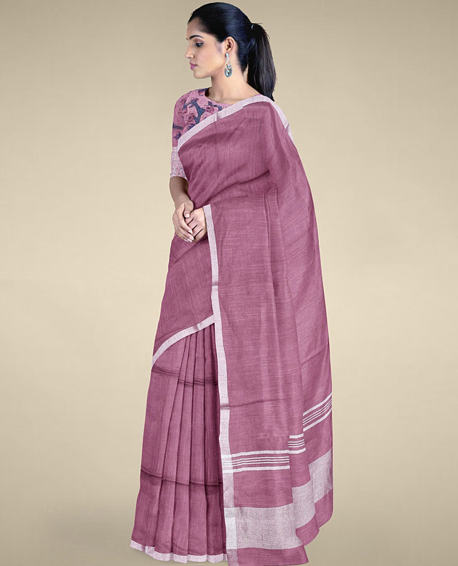 Purple plain design cotton saree with plain border & pallu of stripes, intricately printed blouse