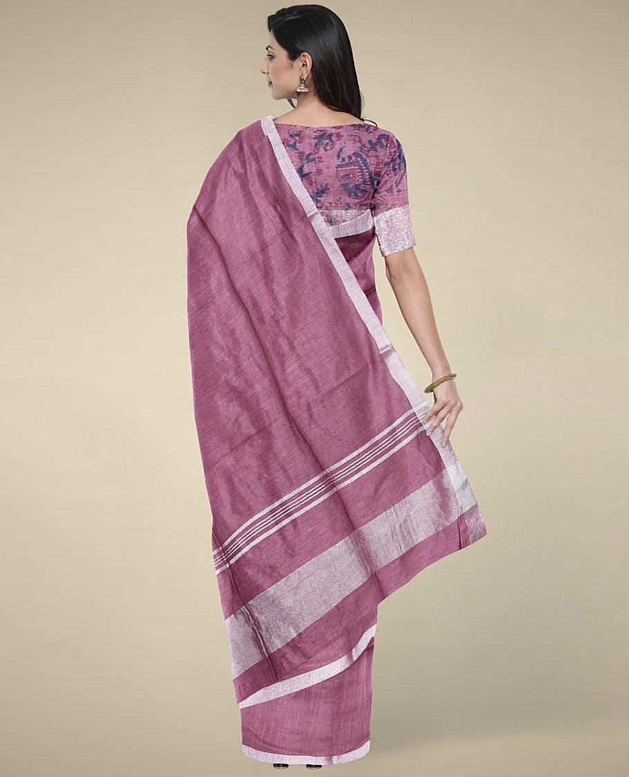 Purple plain design cotton saree with plain border & pallu of stripes, intricately printed blouse