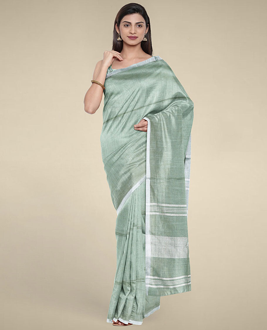 Green plain design cotton saree with plain border & pallu of stripes, floral vine printed blouse