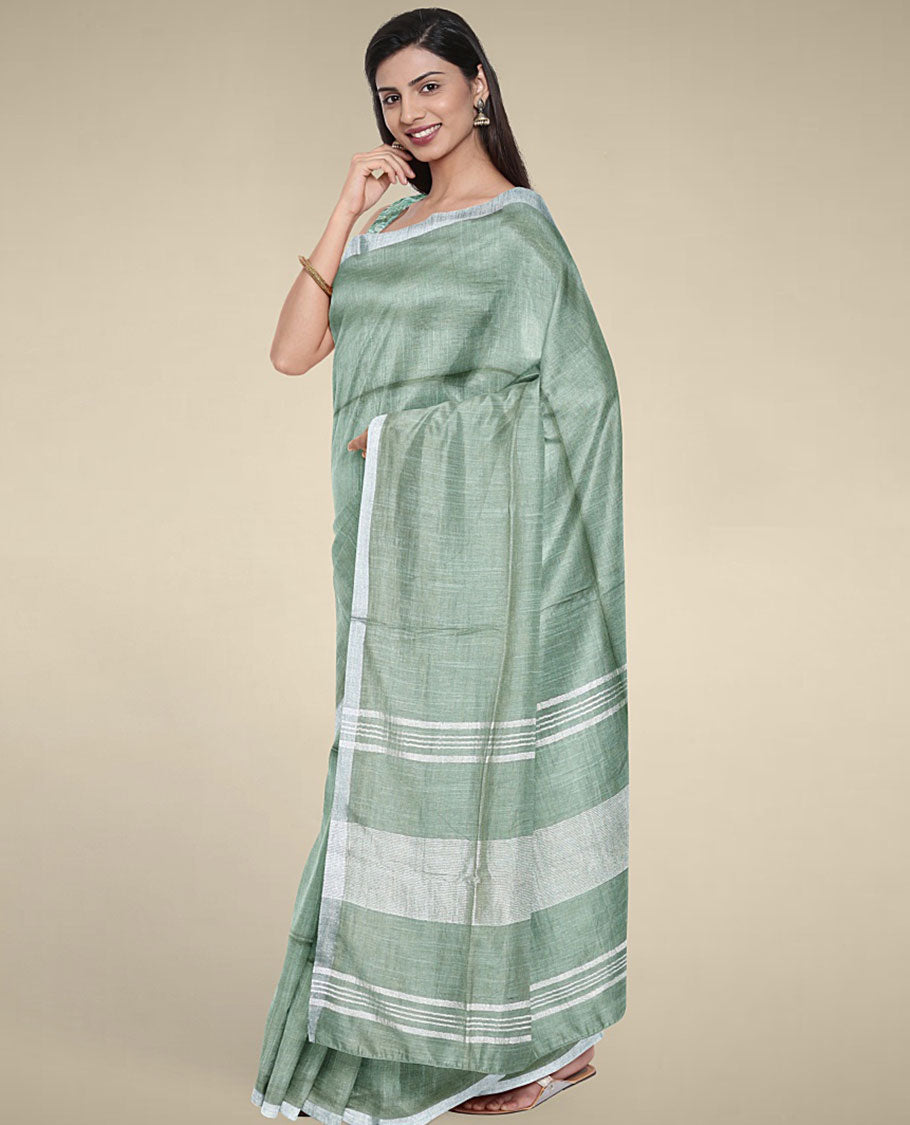 Green plain design cotton saree with plain border & pallu of stripes, floral vine printed blouse