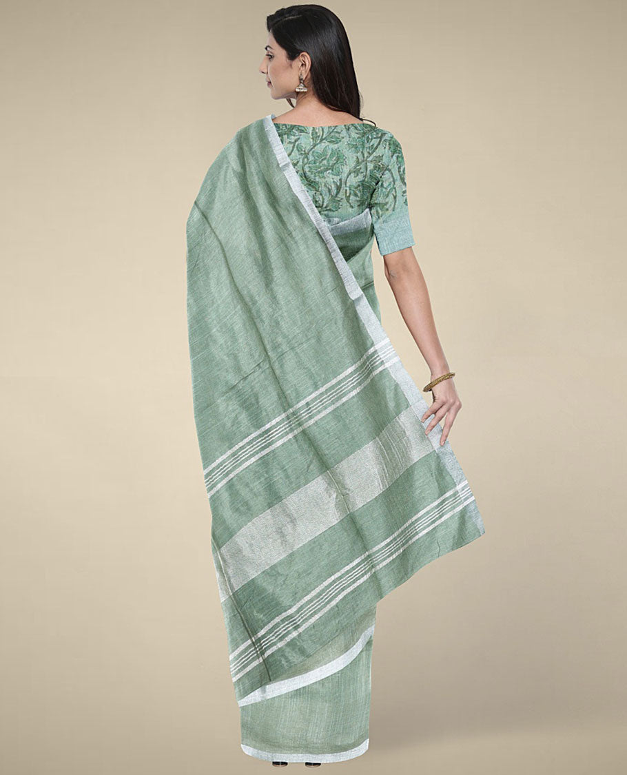 Green plain design cotton saree with plain border & pallu of stripes, floral vine printed blouse