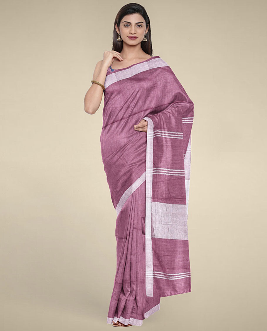 Purple plain design cotton saree with plain border & pallu of stripes,intricate motifs printed blouse