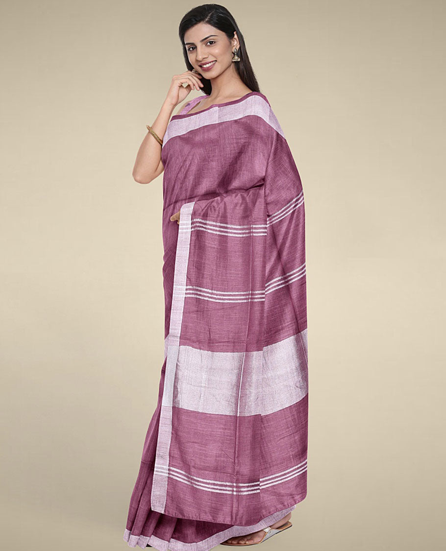 Purple plain design cotton saree with plain border & pallu of stripes,intricate motifs printed blouse
