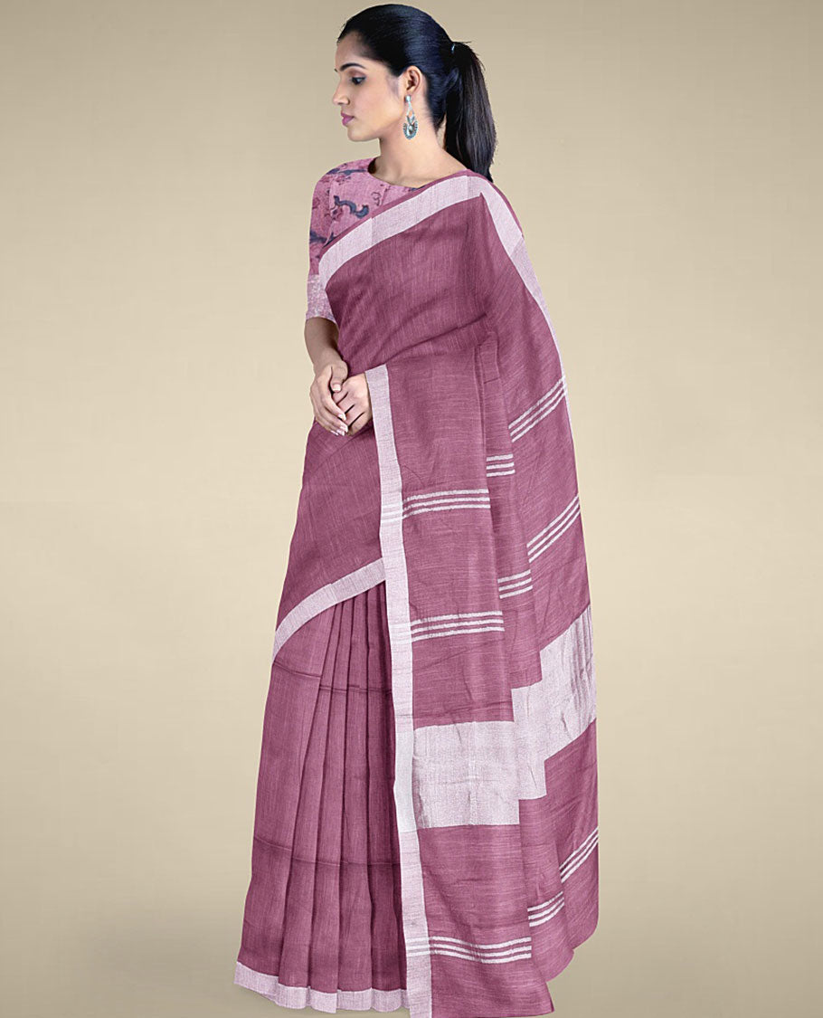 Purple plain design cotton saree with plain border & pallu of stripes,intricate motifs printed blouse