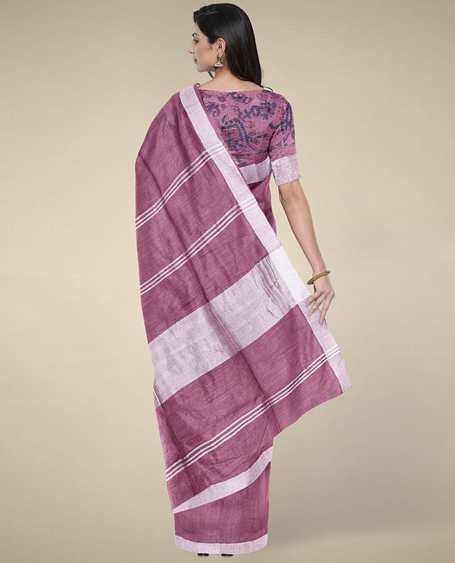 Purple plain design cotton saree with plain border & pallu of stripes,intricate motifs printed blouse