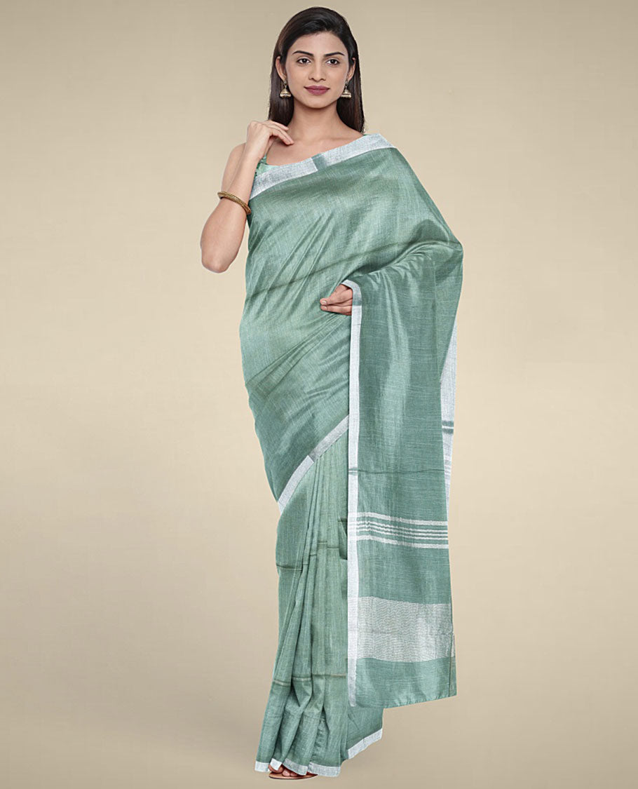 Green plain design cotton saree with plain border & pallu of stripes, floral printed blouse