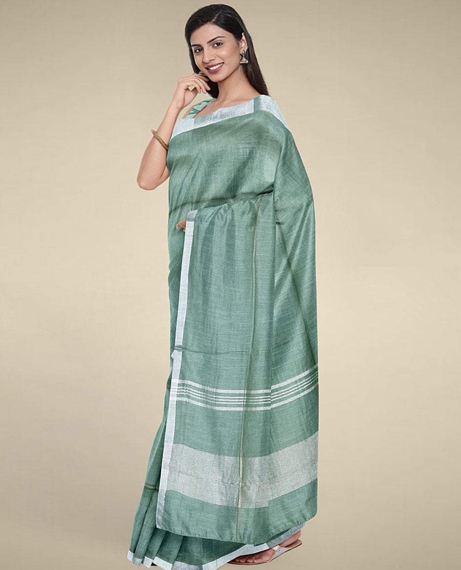 Green plain design cotton saree with plain border & pallu of stripes, floral printed blouse