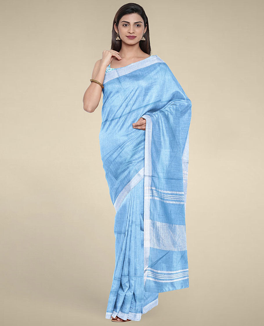 Blue plain design cotton saree with plain border & pallu of stripes, floral printed blouse