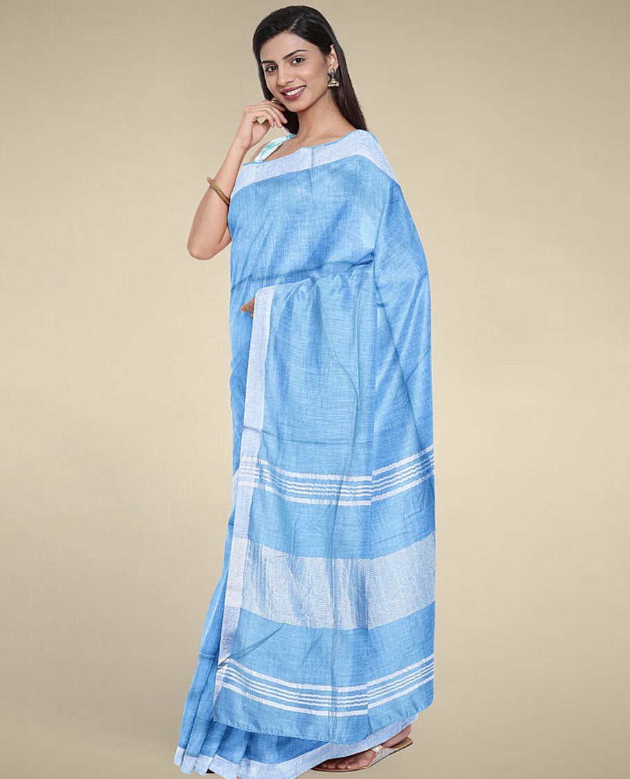 Blue plain design cotton saree with plain border & pallu of stripes, floral printed blouse