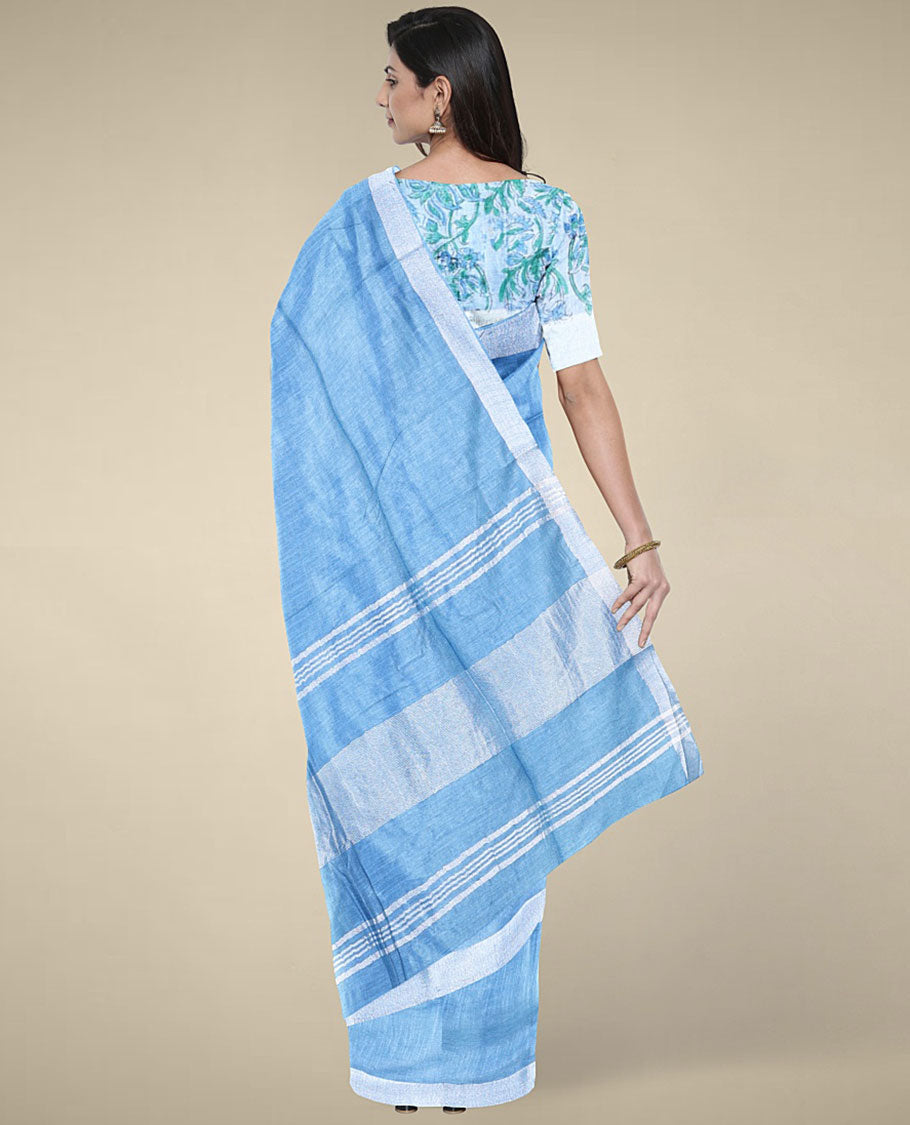 Blue plain design cotton saree with plain border & pallu of stripes, floral printed blouse