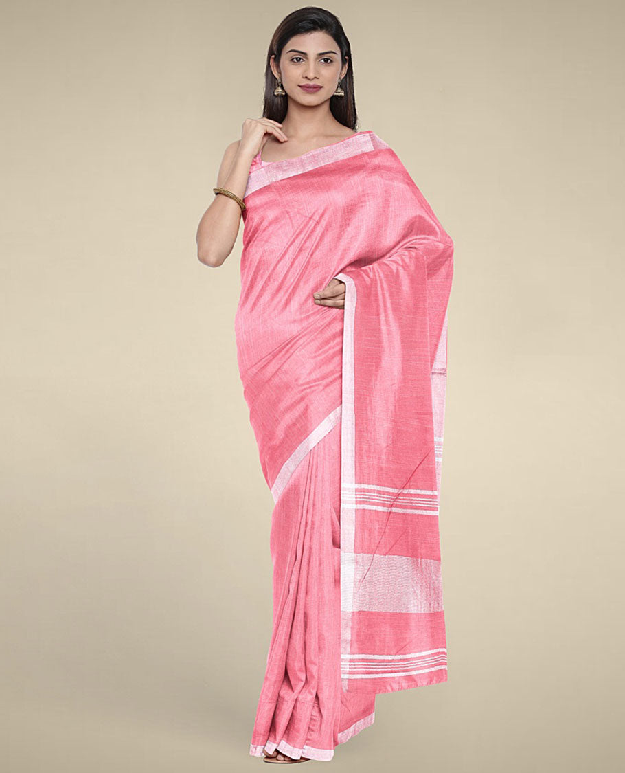 Borderless pink plain design cotton saree with plain border & pallu of stripes,floral printed blouse
