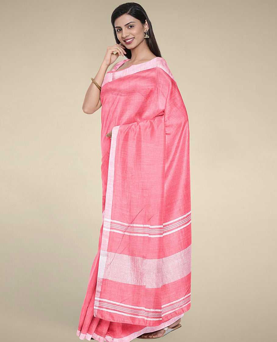 Borderless pink plain design cotton saree with plain border & pallu of stripes,floral printed blouse