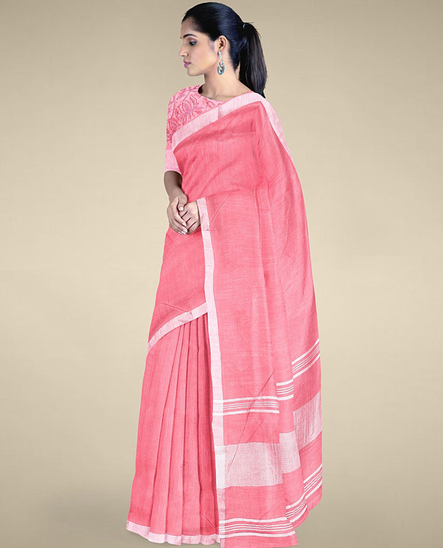 Borderless pink plain design cotton saree with plain border & pallu of stripes,floral printed blouse