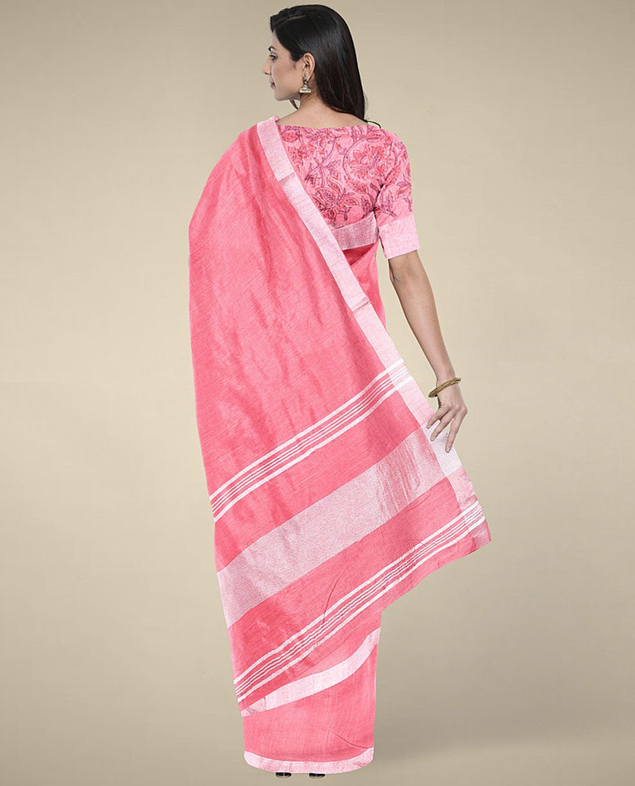 Borderless pink plain design cotton saree with plain border & pallu of stripes,floral printed blouse