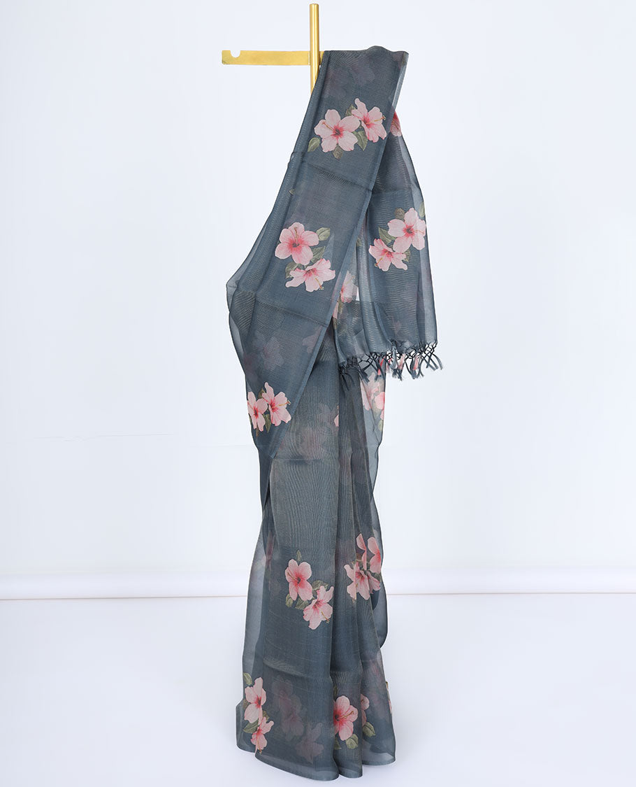 Borderless dark grey kamala silk saree with hibiscus motifs, a contrast plain blouse