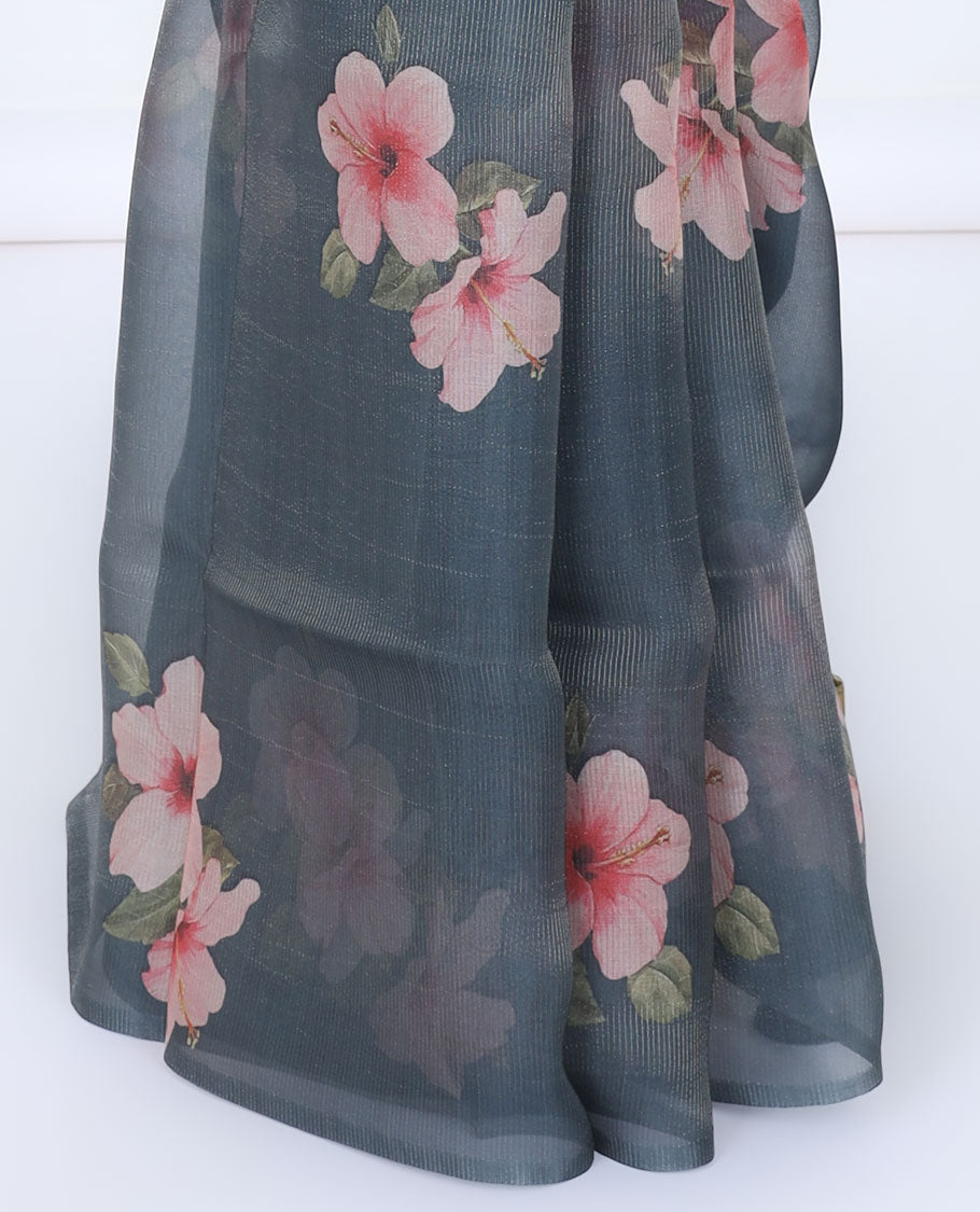 Borderless dark grey kamala silk saree with hibiscus motifs, a contrast plain blouse
