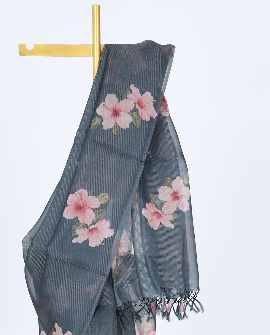 Borderless dark grey kamala silk saree with hibiscus motifs, a contrast plain blouse