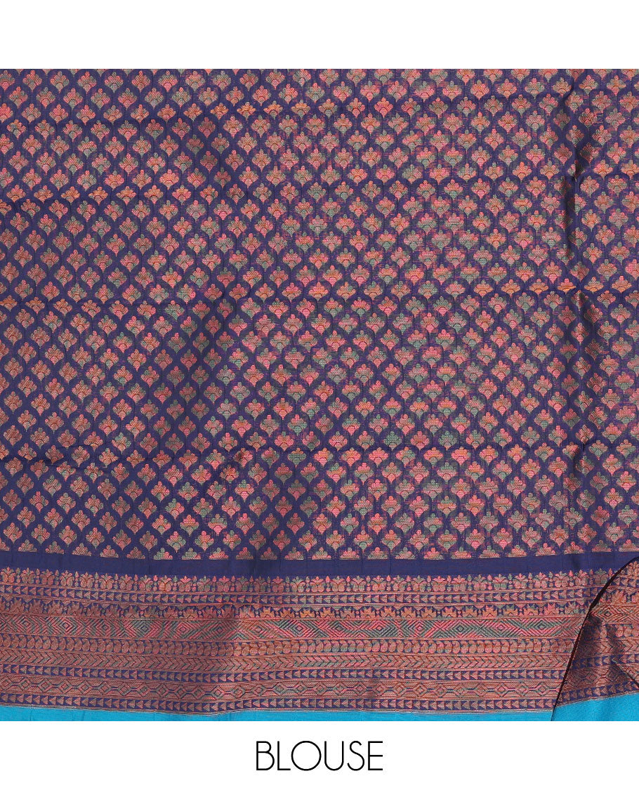 Pack of 2 combo litchi sarees features blue & pink jacquard sarees, traditional motif borders & intricate pallus