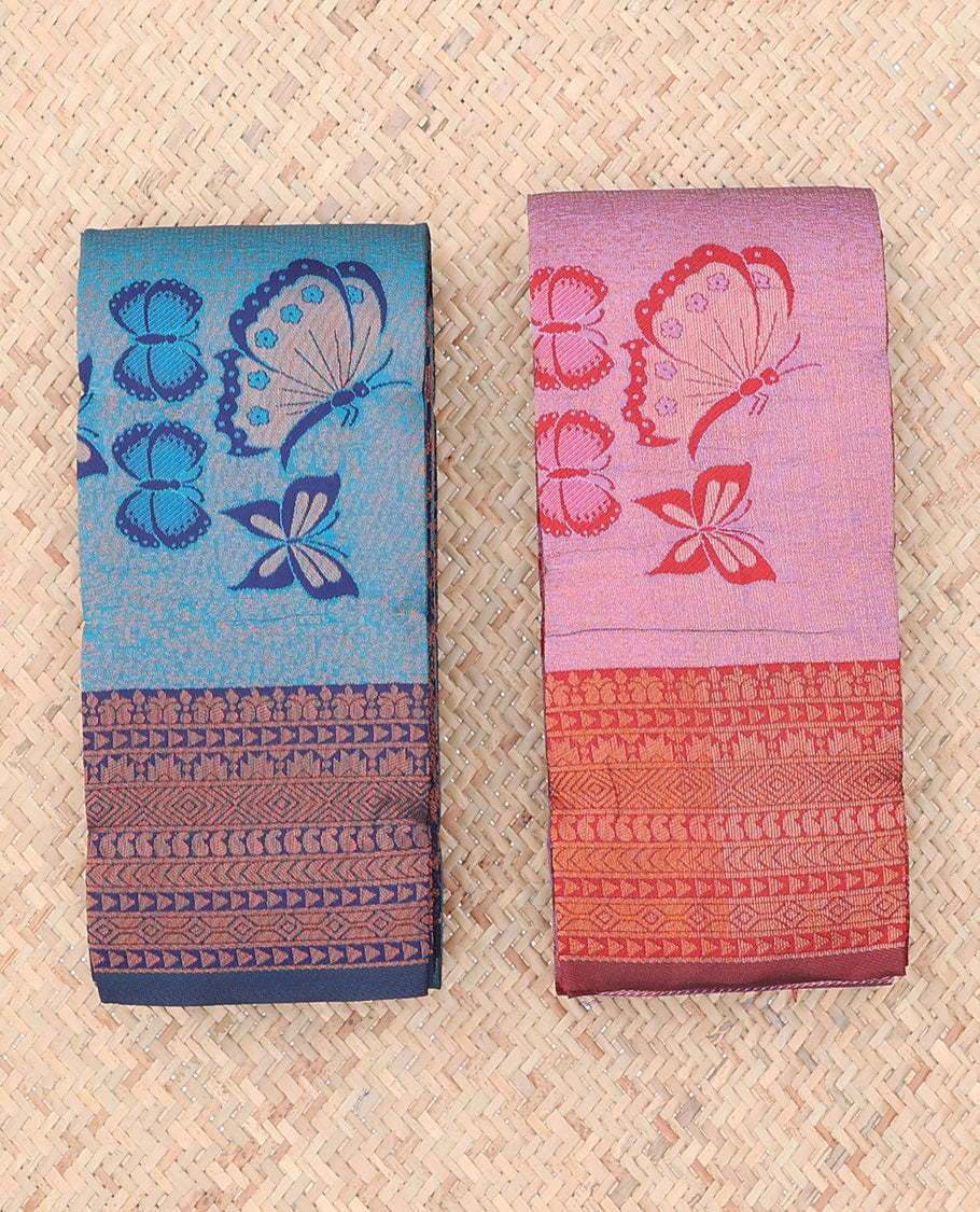 Pack of 2 combo litchi sarees features blue & pink jacquard sarees, traditional motif borders & intricate pallus