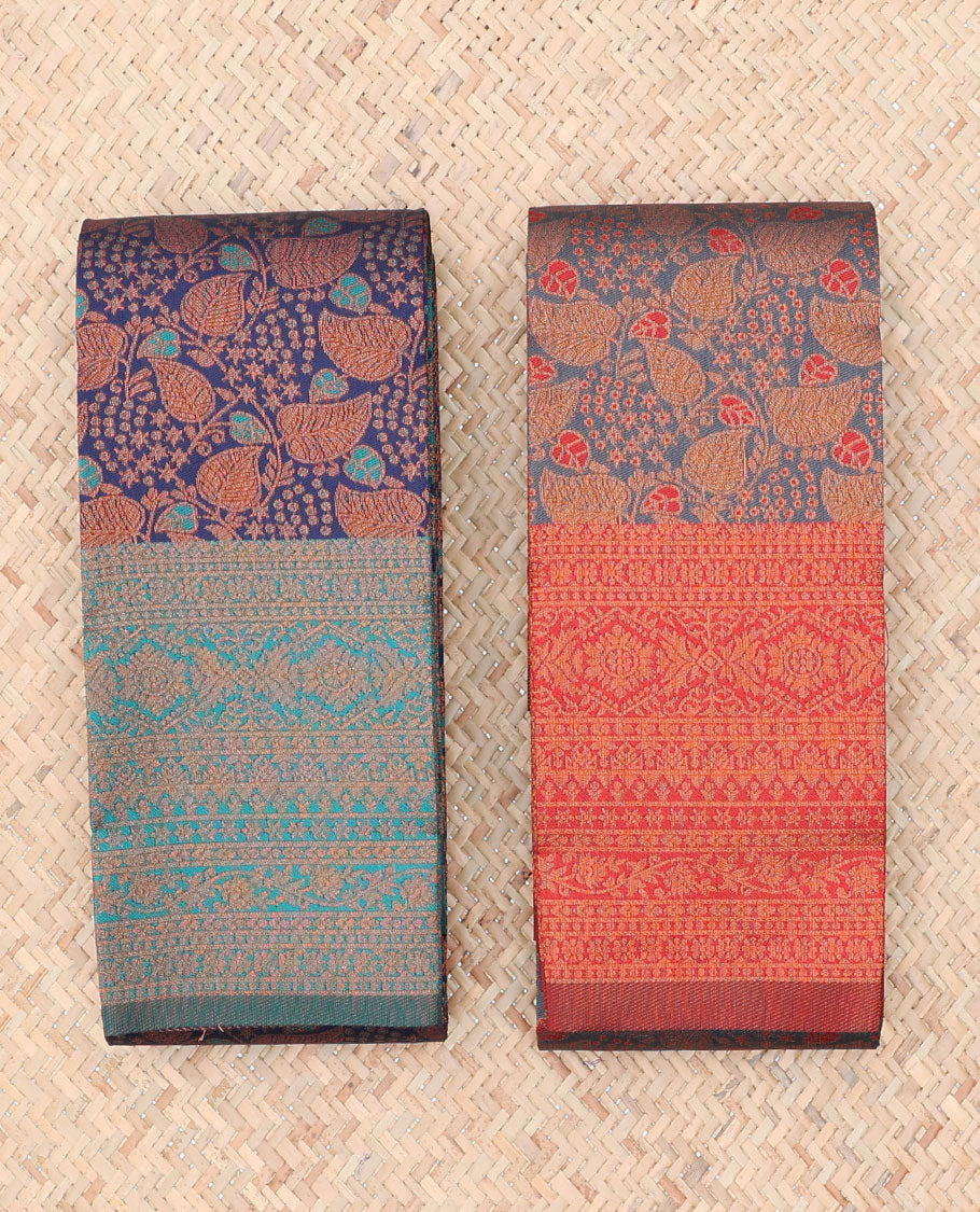 Pack of 2 combo litchi sarees features blue & grey jacquard sarees, traditional motif borders & intricate pallus