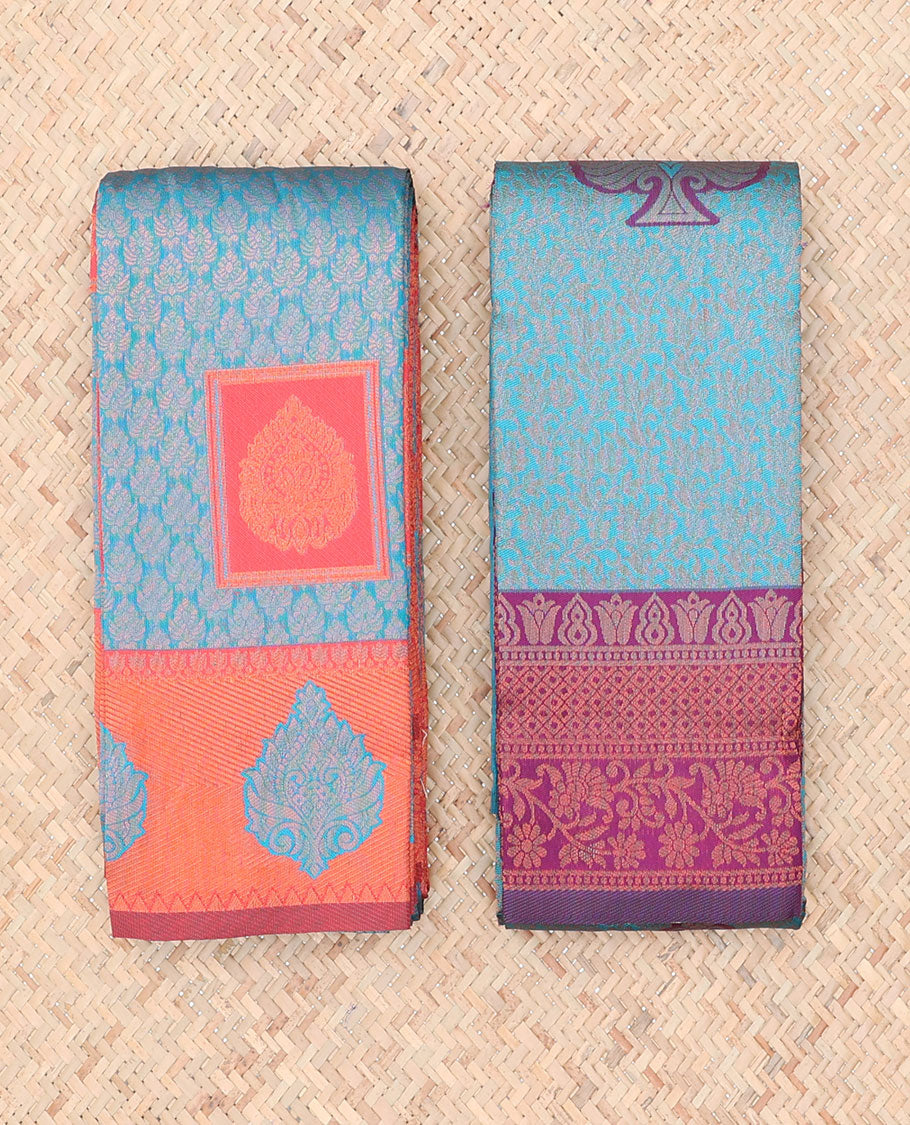 Pack of 2 combo litchi sarees features blue & blue jacquard sarees, traditional motif borders & intricate pallus