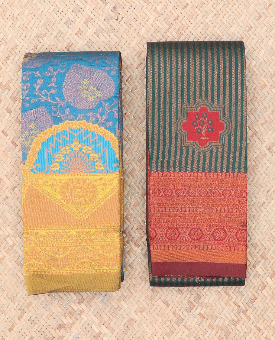 Pack of 2 combo litchi sarees features blue & green jacquard sarees, traditional motif borders & intricate pallus