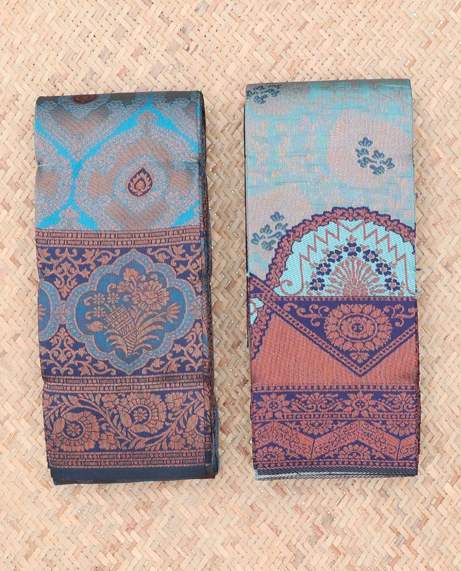 Pack of 2 combo litchi sarees features blue & blue jacquard sarees, traditional motif borders & intricate pallus