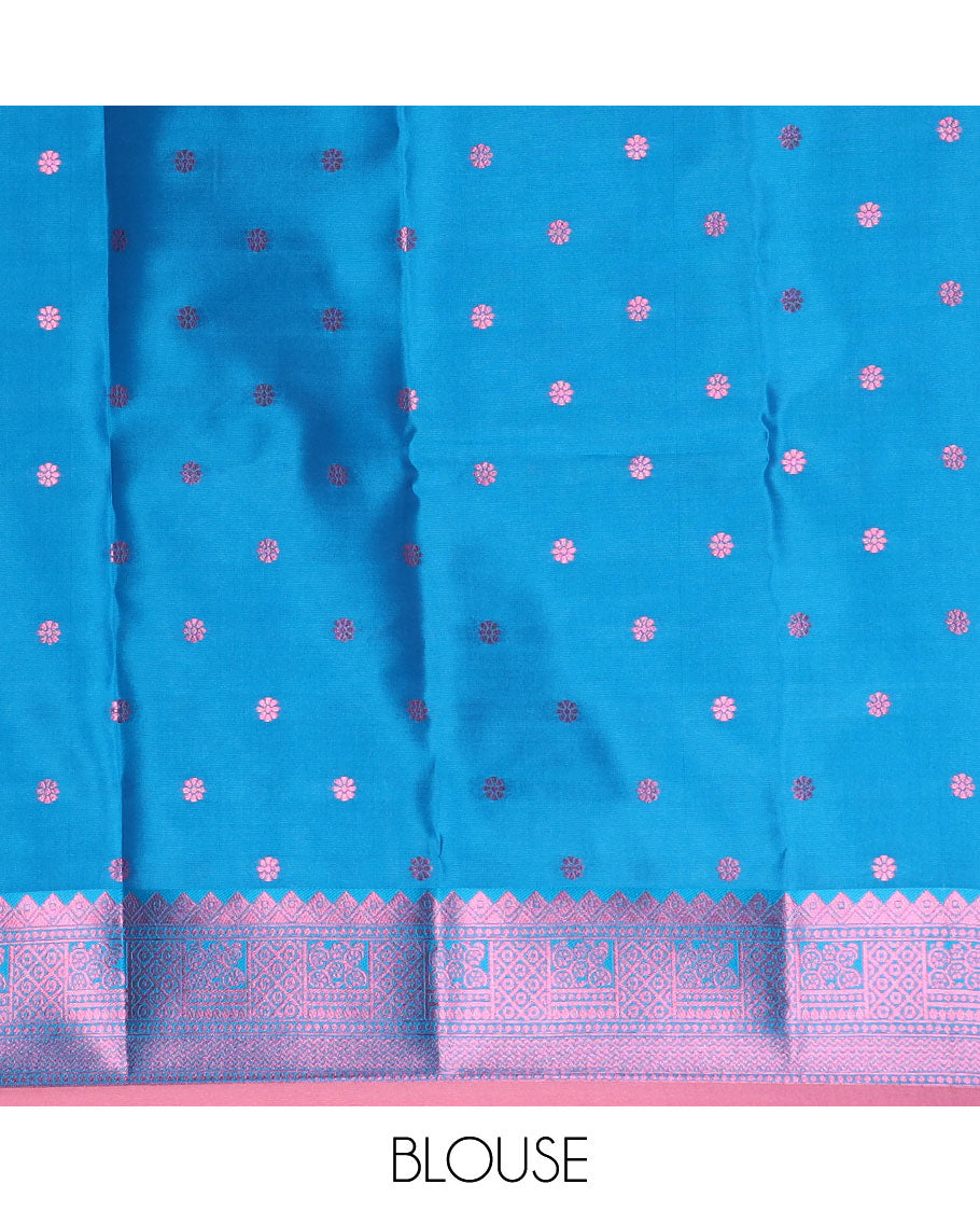 Pink butter silk saree with floral buttas, contrast traditional motifs rose copper zari border & intricate pallu