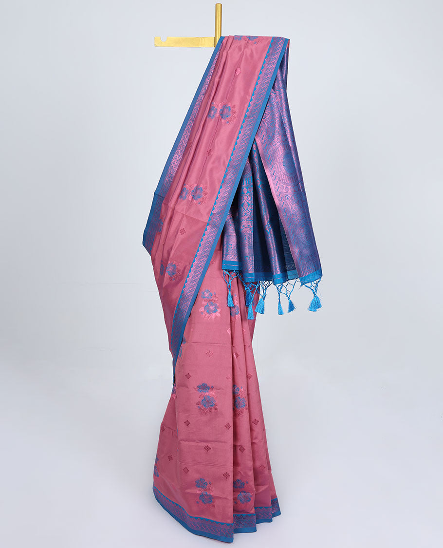 Pink butter silk saree with floral buttas, contrast traditional motifs rose copper zari border & intricate pallu