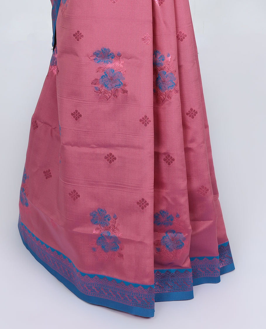 Pink butter silk saree with floral buttas, contrast traditional motifs rose copper zari border & intricate pallu