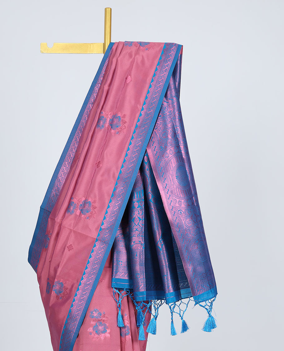 Pink butter silk saree with floral buttas, contrast traditional motifs rose copper zari border & intricate pallu