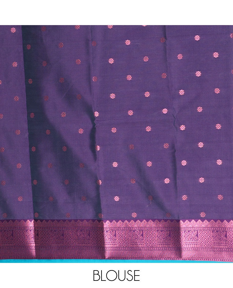 Blue butter silk saree with floral buttas, contrast zari traditional design border & intricately designed pallu