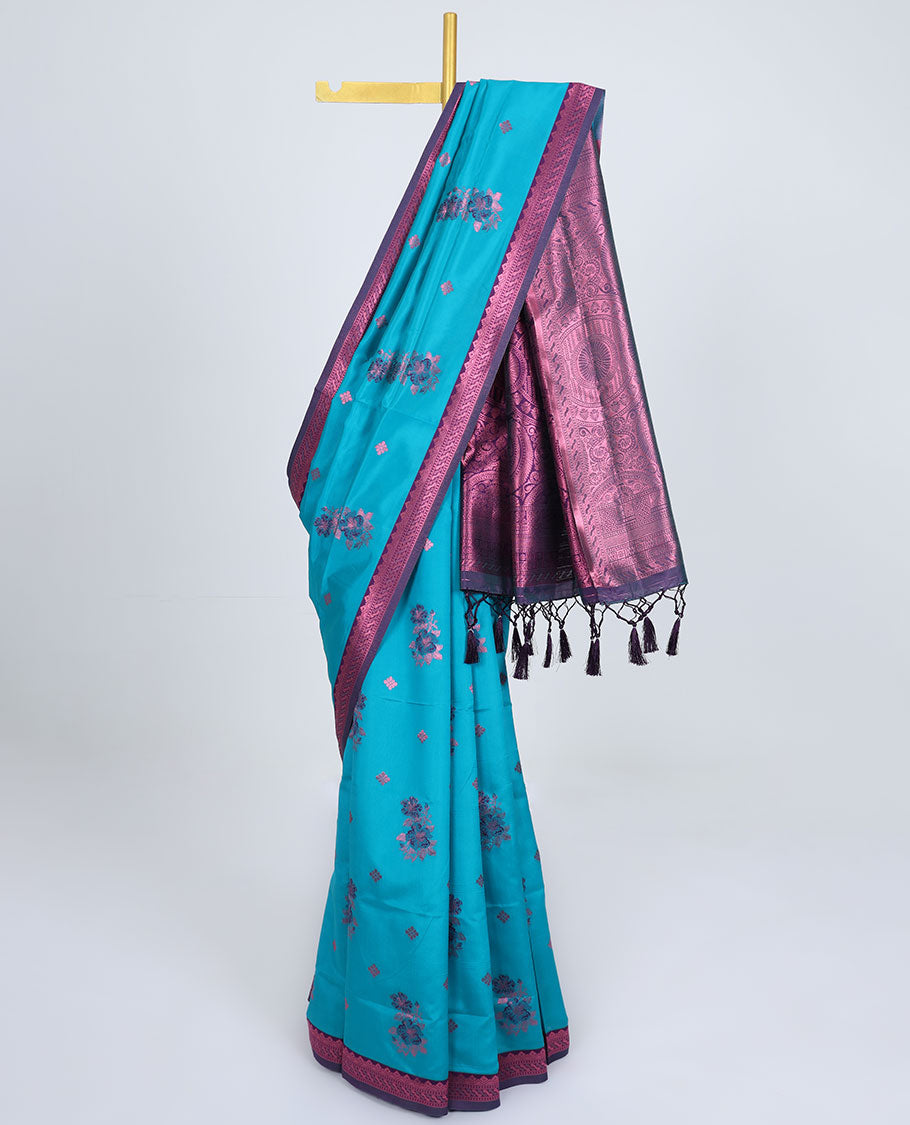 Blue butter silk saree with floral buttas, contrast zari traditional design border & intricately designed pallu