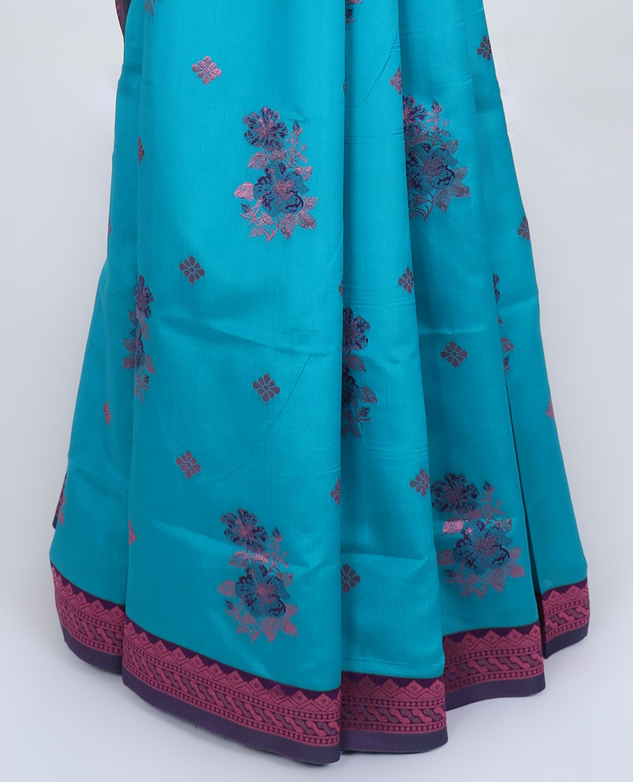 Blue butter silk saree with floral buttas, contrast zari traditional design border & intricately designed pallu