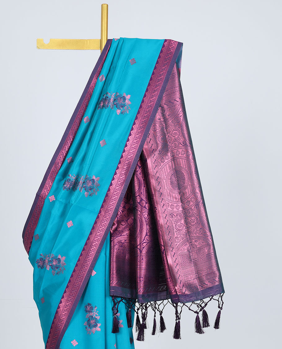 Blue butter silk saree with floral buttas, contrast zari traditional design border & intricately designed pallu
