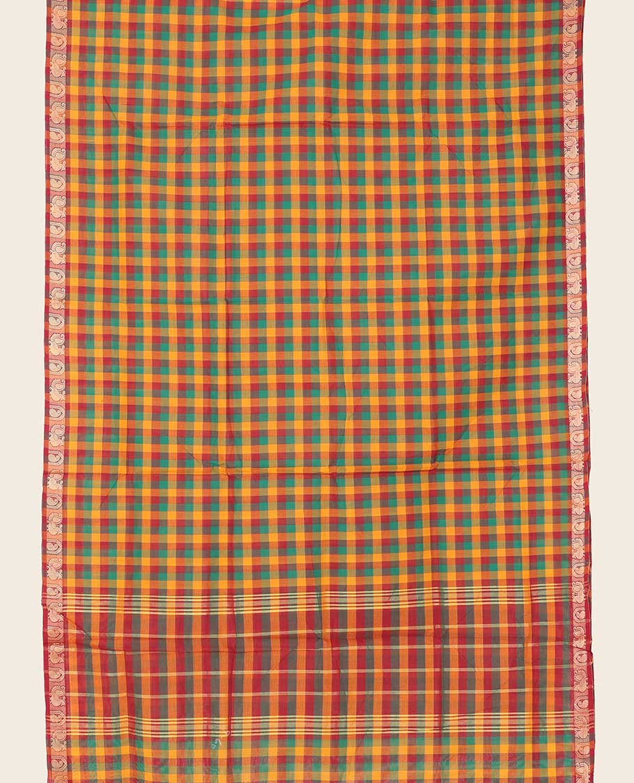 Multi-color micro-checked design cotton saree, contrast traditional motifs border & pallu of stripes