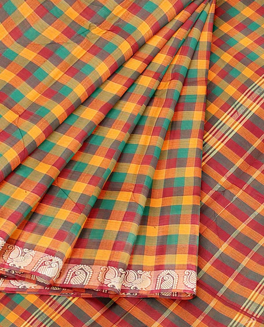 Multi-color micro-checked design cotton saree, contrast traditional motifs border & pallu of stripes