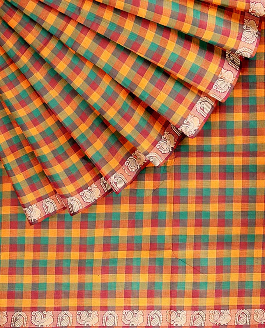 Multi-color micro-checked design cotton saree, contrast traditional motifs border & pallu of stripes