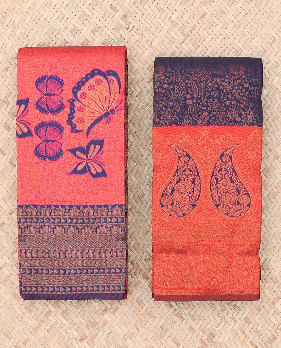 Pack of 2 combo litchi sarees with blue & maroon jacquard sarees, contrast traditional motif borders & intricate pallus