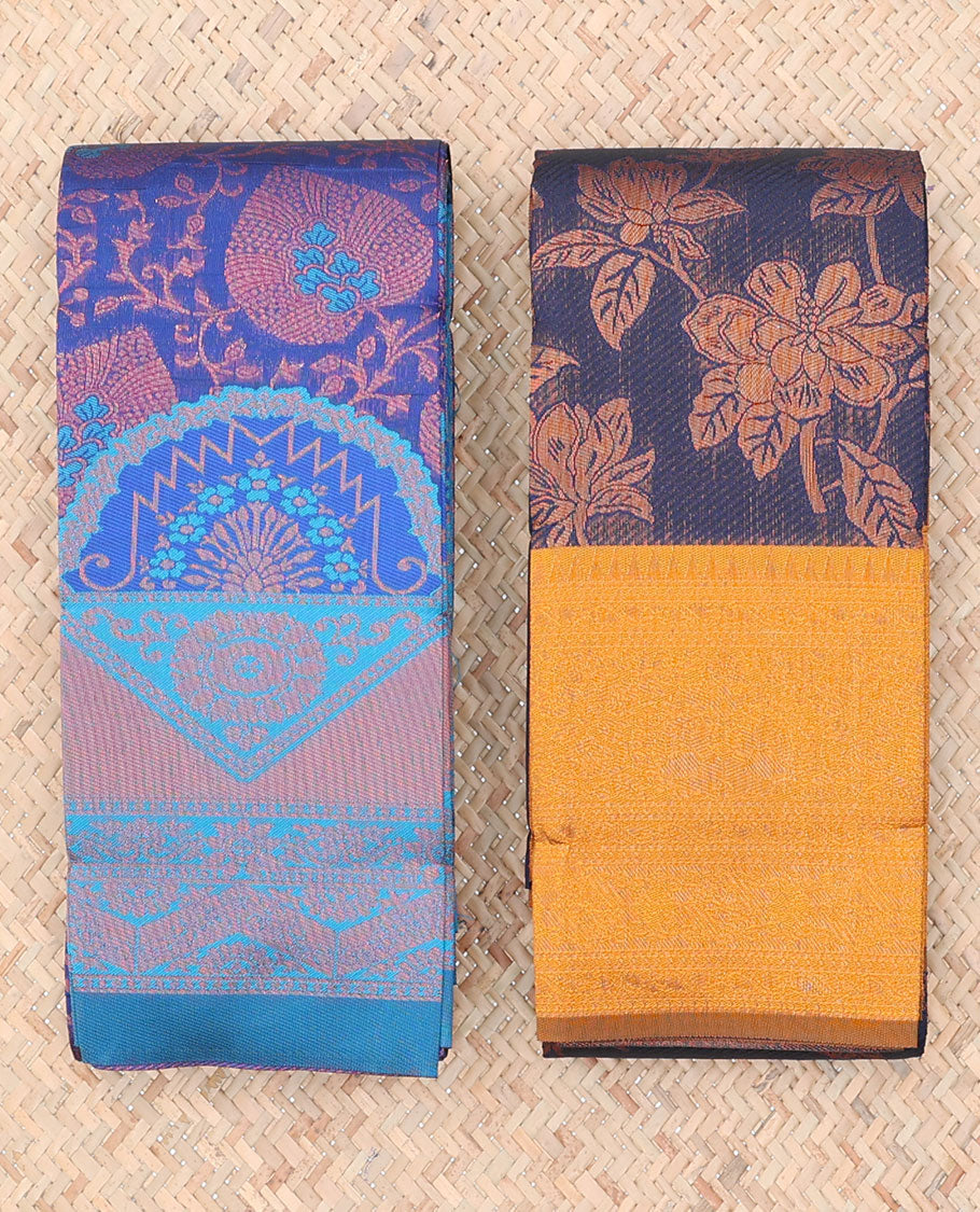 Pack of 2 combo litchi sarees with blue & blue jacquard sarees, traditional motif borders & intricate pallus