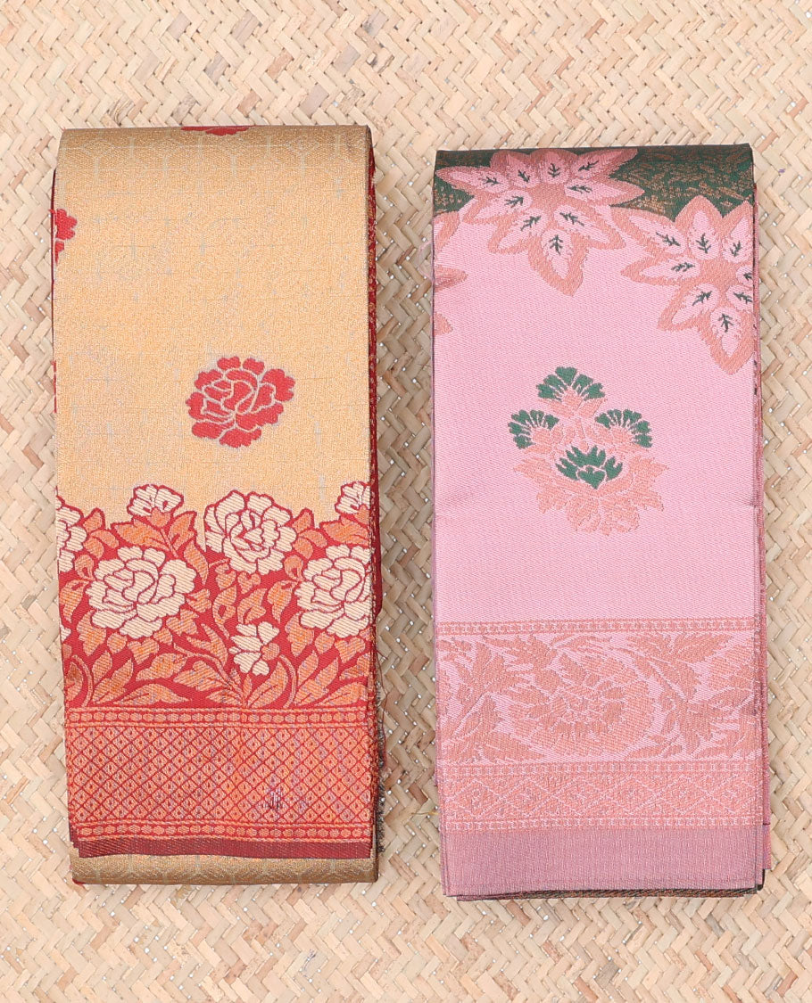 Pack of 2 combo litchi sarees with light sandal & pink jacquard sarees, traditional motif borders & intricate pallus