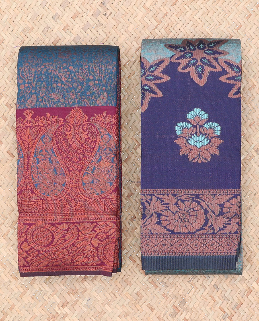Pack of 2 combo litchi sarees with blue & blue jacquard sarees, traditional motif borders & intricate pallus
