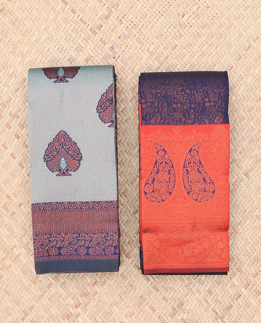 Pack of 2 combo litchi sarees with grey & blue jacquard sarees, contrast traditional motif borders & intricate pallus