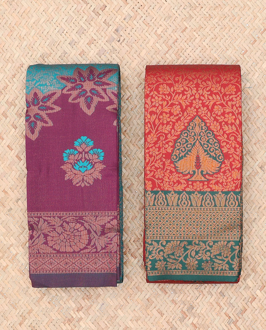 Pack of 2 combo litchi sarees with blue & red jacquard sarees, contrast traditional motif borders & intricate pallus