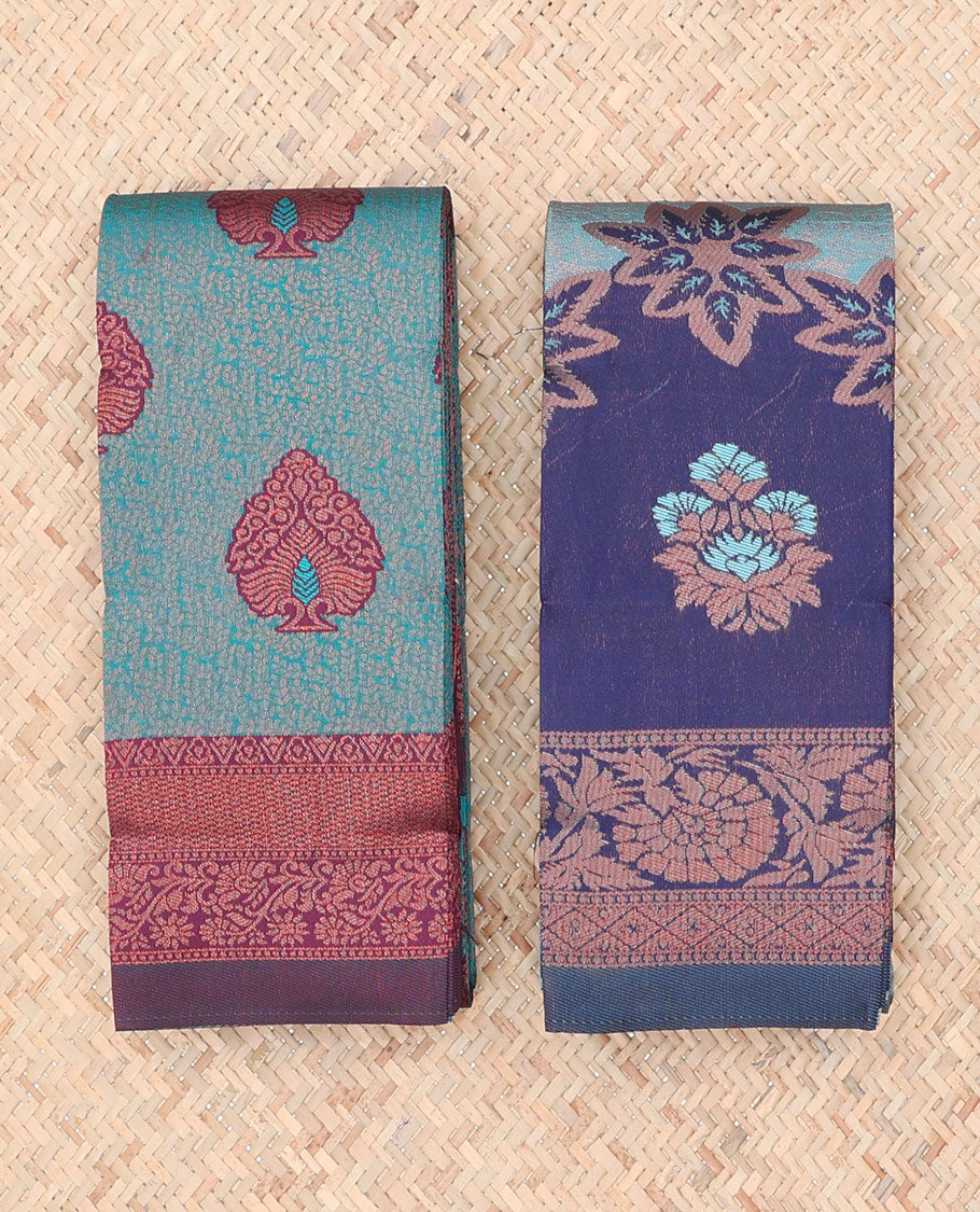 Pack of 2 combo litchi sarees with blue & blue jacquard sarees, contrast traditional motif borders & intricate pallus